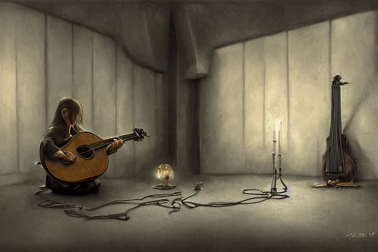 Prompt: still life painting, musical instument alone - a lute with smoke wisping up from its smoldering string, cursed baroque with ebony inlay, designed by brian froud and hr giger leans against the wall alone, abandoned. an empty brutalist chamber, lonely, somberlate afternoon lighting cinematic fantasy painting by jessica rossier