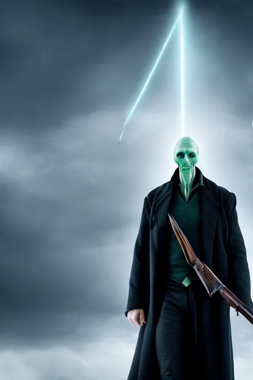 Image similar to volan de mort with shotgun, harry potter movie screenshot, symmetry, cinematic, elegant, luxury, perfect light, perfect composition, dlsr photography, sharp focus, 8 k, ultra hd, sense of awe, highly detailed, realistic, intricate