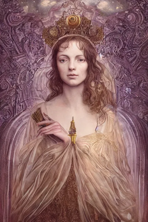 Image similar to elaborately hyperdetailed Surrealist pre-raphaelite illustration of an extremely beautiful regal woman with an imponent crown, eerie mist and ethereal pink bubbles, Aetherpunk, atmospheric lighting, bright background, moonlight, high fantasy professionally painted digital art painting, smooth, sharp focus, highly detailed illustration highlights, backlight, golden ratio, 8K detail post-processing, symmetrical facial features, rich deep moody colors, award winning picture, Daily Deviation on DeviantArt, trending on cgsociety, featured on ArtstationHQ, very coherent symmetrical artwork, concept art