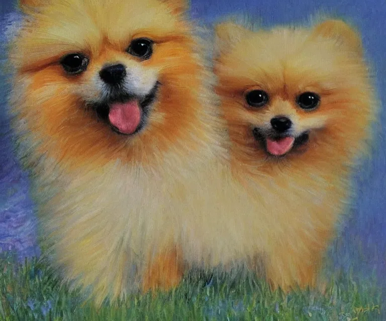 Image similar to pomeranian, cute, monet, oil painting