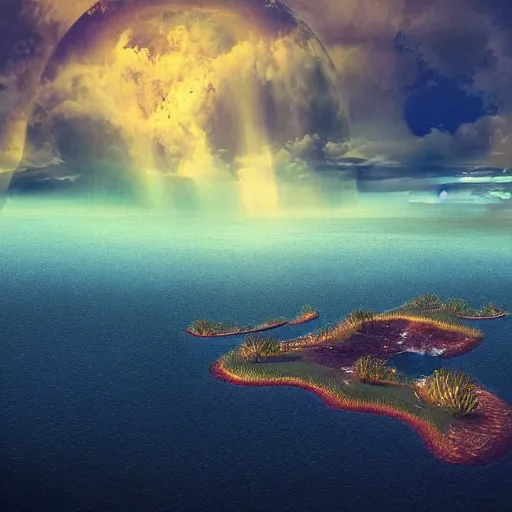 Prompt: Islands floating in the sky, being kept afloat by magic, beautiful digital art, epic composition, wide angle