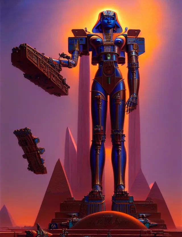 Prompt: a statue of egyptian mecha, tim hildebrandt, wayne barlowe, bruce pennington, donato giancola, trending on artstation, cinematic composition, beautiful lighting, hyper detailed, 8 k, oil on canvas