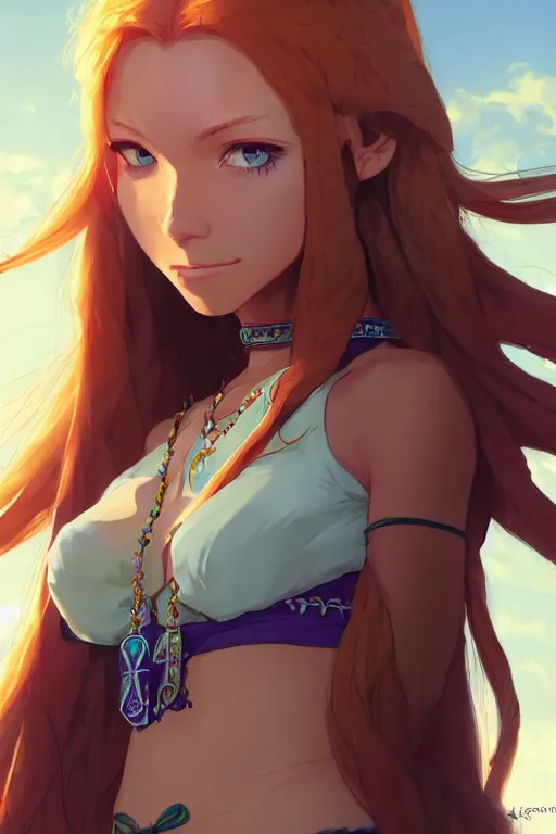 Image similar to long ginger hair, tanned woman in a prehistoric outfit, green eyes, fang necklace, by artgerm, hair tied in a ponytail, white backdrop, soft lighting, blue and purple colors, by greg rutkowski makoto shinkai takashi takeuchi