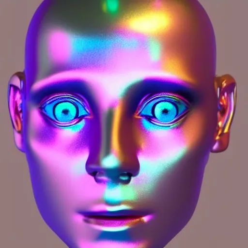 Image similar to 3d render of holographic human robotic head made of glossy iridescent, surrealistic 3d illustration of a human face non-binary, non binary model, 3d model human, cryengine, made of holographic texture, holographic material, holographic rainbow, concept of cyborg and artificial intelligence