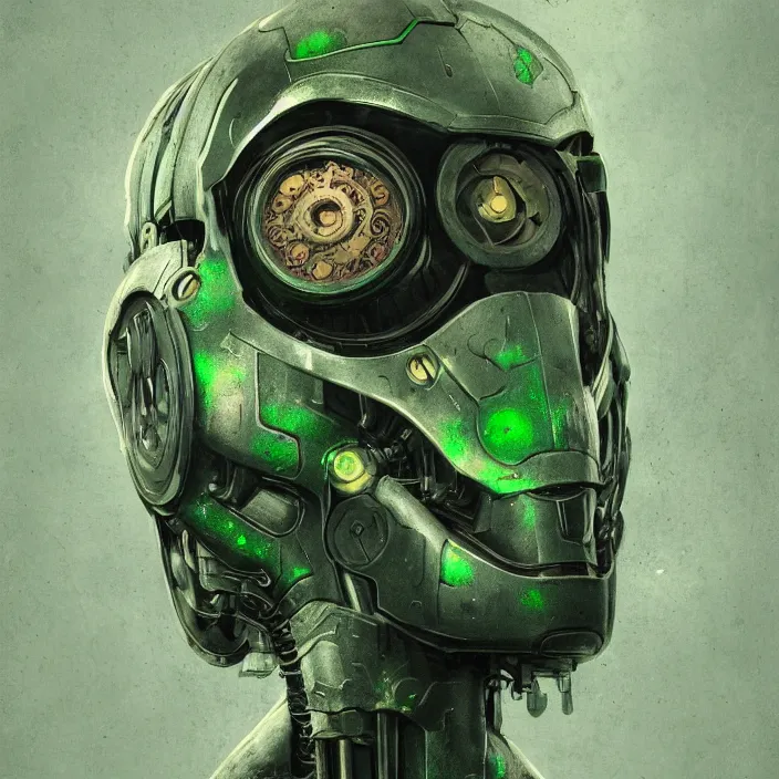 Image similar to portrait of a green Ultron from Age of Ultron, clockwork steampunk, head and chest only, techno dieselpunk background texture, by Beksinski, 4k, deviantart, trending on artstation