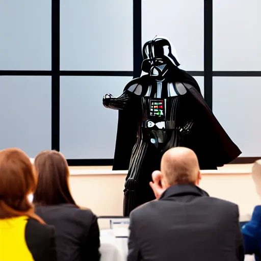 Prompt: photo of darth vader giving presentation in business meeting