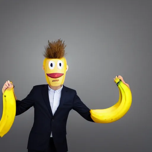 Image similar to a person with a banana head wearing a business suit