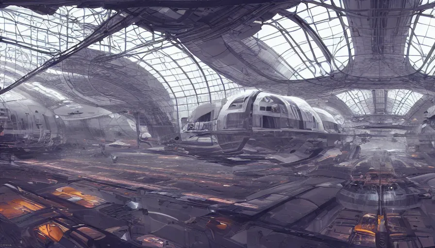 Prompt: Interior of a illuminated space hangar with vessels parked inside and people walking around, hyperdetailed, artstation, cgsociety, 8k