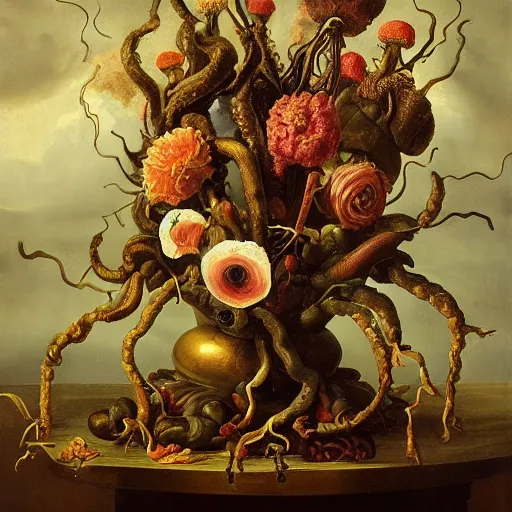 Image similar to disgusting disturbing dutch golden age bizarre mutant flower floral still life with many human toes very detailed fungus disturbing tendrils bizarre slimy forms sprouting up everywhere by rachel ruysch black background chiaroscuro dramatic lighting perfect composition high definition 8 k 1 0 8 0 p