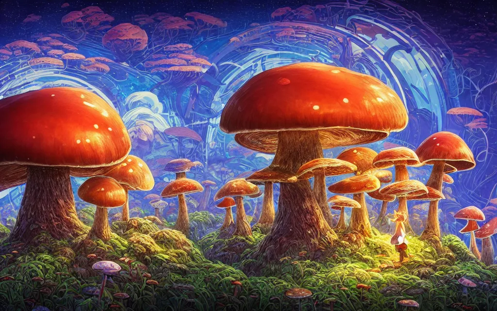 Image similar to the mushroom story house tells the tale of an epic journey, a journey into the mind of the creator. the mushrooms grow on a mountain that is home to lost time. by dan mumford, yusuke murata, makoto shinkai, ross tran, cosmic, heavenly, god rays, intricate detail, cinematic, cel shaded, unreal engine, featured on artstation, pixiv