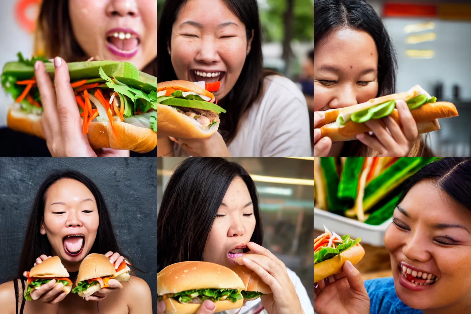 Prompt: closeup headshot photo of the woman passionately tasting the best banh mi, detailed face details