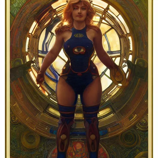 Image similar to Samus Aran from Metroid drawn by Donato Giancola and Tom Bagshaw, face by Artgerm and Edmund Leighton, Alphonse Mucha, background by James Jean and Gustav Klimt, 4k, porcelain skin, komorebi, french nouveau, trending on artstation, octane render, hyperrealistic