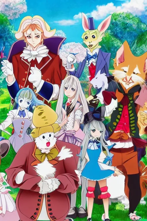 Image similar to Promotional poster from the new Alice in Wonderland anime remake where all the characters are anthropomorphic animals dressed in human clothes. Alice is in the foreground. Layered multiple character pose