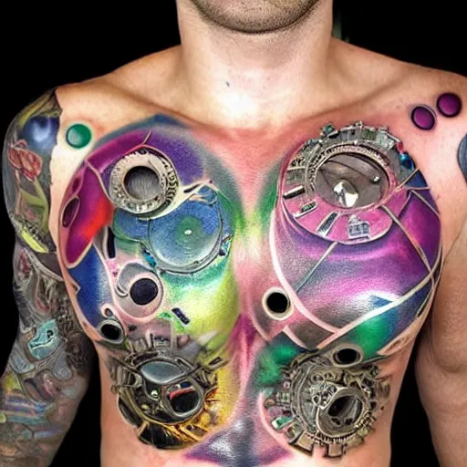 Image similar to chest tattoo of a 3 d hole in the skin with a shiny multicolored metallic gears and tubes and futuristic robotic mechanics inside under the skin, insanely integrate,