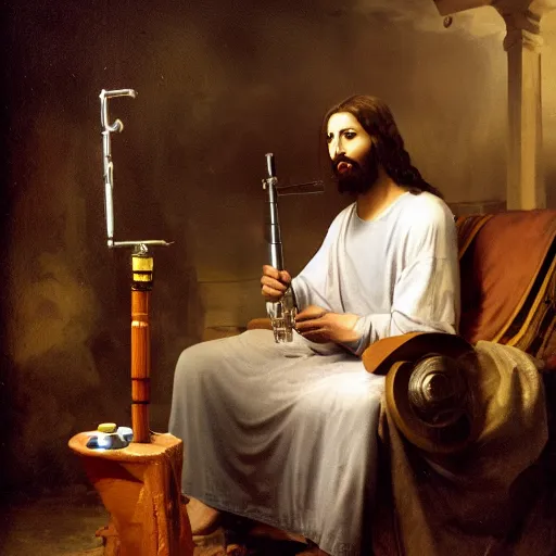 Image similar to studio photo of jesus using a medical bong, studio portrait