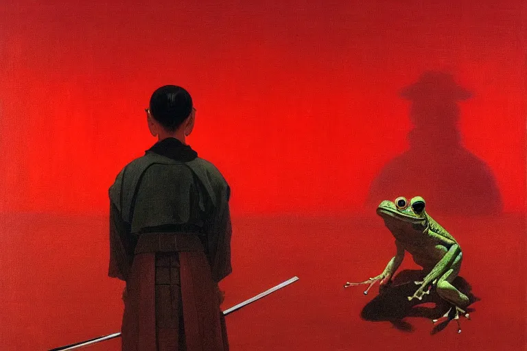 Image similar to only with red, a red samurai harakiri, tokio, a lot of frogs watch, in the style of beksinski, parts by edward hopper, parts by rodcenko, parts by yue minjun, intricate and epic composition, red by caravaggio, insanely quality, highly detailed, masterpiece, red light, artstation, 4 k