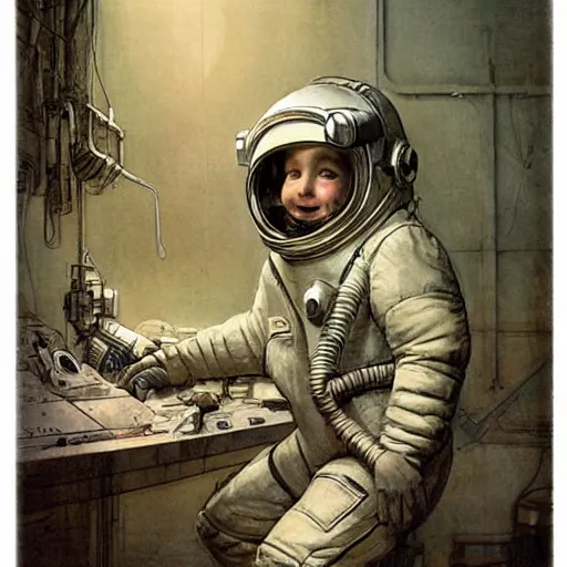Image similar to ((boy in a retro space suit in a cluttered inventors shop . muted colors.)) by Jean-Baptiste Monge !!!!!!!!!!!!!!!!!!!!!!!!!!!