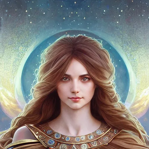 Prompt: beautiful celestial mage, sparkling eyes, stars in her eyes, shining eyes, grinning, elegant, enticing, sharp features, big flowing hair, traditional roman armor, highly detailed, digital painting, artstation, concept art, smooth, sharp focus, beautiful face, expressive eyes, illustration, art by Artgerm and greg rutkowski and alphonse mucha