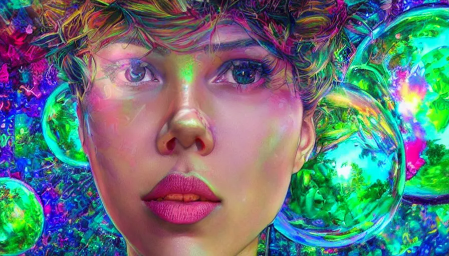 Image similar to scarlett johansson in psychodelic dmt lsd forest looking at a shiny sphere, photorealistic, artgerm, artwork by Rossier, Jessica