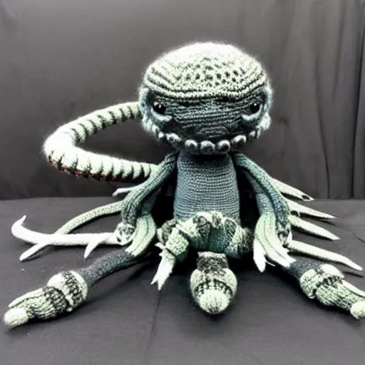 Prompt: knitted cuddly xenomorph cuddles ripley, cute styling, yarn, photorealistic