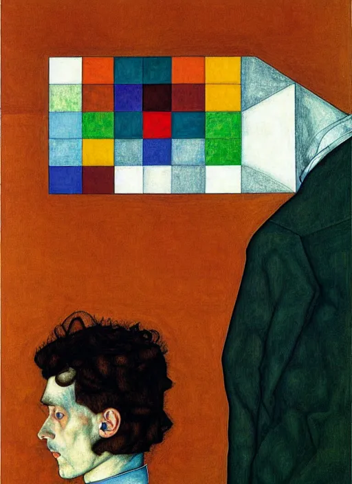 Prompt: creative programmer with a computer in geometric harmony, by egon schiele and quint buchholz, portrait, colorful, escher++, detail