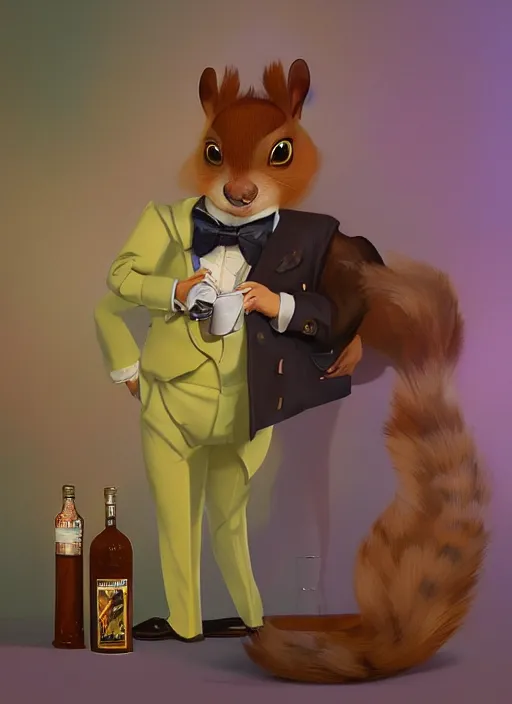 Image similar to squirrel anthro as a dapper bartender with a big, fluffy tail, retro futurism, art deco, detailed, painterly digital art by WLOP and Cory Loftis and Norman Rockwell, 🐿🍸🍋, furaffinity, trending on artstation