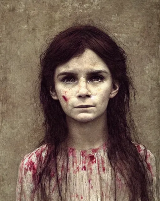 Image similar to a beautiful but sinister girl who looks like a young shirley henderson in dead space, with haunted eyes and crazy hair, horrifying, 1 9 7 0 s, seventies, delicate embellishments, a little blood, crimson, painterly, offset printing technique, by jules bastien - lepage