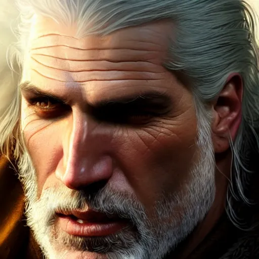 Image similar to geralt of rivia and jaskier. close up of their faces. natural lighting. highly detailed painting by gaston bussiere, j. c. leyendecker, greg rutkowski 8 k