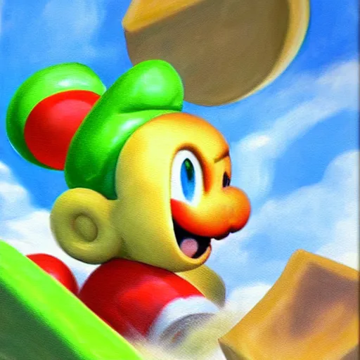 Image similar to oil on styrofoam crust - painting with melt of the yoshi story where baby mario is eaten by kirby