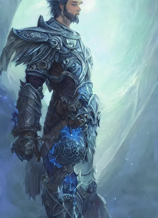 Prompt: A Human Male Paladin, glowing white eyes, blue flames surrounding, shaggy silver hair, scruffy brown beard, medium armor, Fantastical wings, fantasy, intricate, elegant, highly detailed, D&D, digital painting, Unreal Engine, concept art, smooth, sharp focus, illustration, art by Krenz Cushart and Artem Demura and alphonse mucha