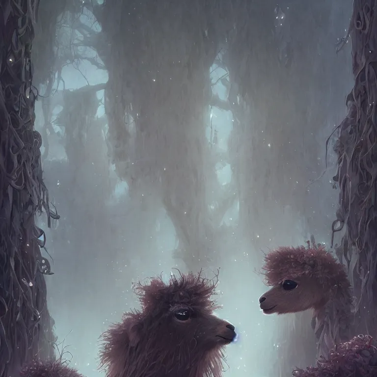 Image similar to highly detailed portrait of emo alpacas, eyeshadow, goth makeup, piercings, unreal engine, dark fantasy art by greg rutkowski, loish, rhads, ferdinand knab, makoto shinkai and lois van baarle, ilya kuvshinov, rossdraws, tom bagshaw, alphonse mucha, global illumination, radiant light, detailed and intricate environment