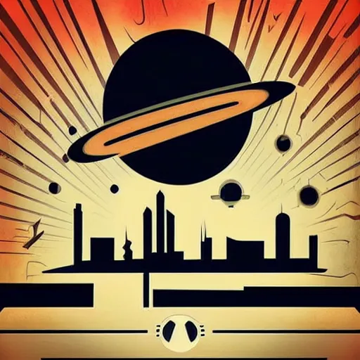 Image similar to “1950s art deco style robot silhouette facing a futuristic city, planets and stars in the background, retro poster.”