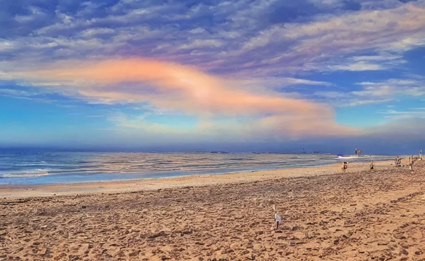 Prompt: sunny day at the beach blue sky big explosion on the horizon war apocalyptic realistic