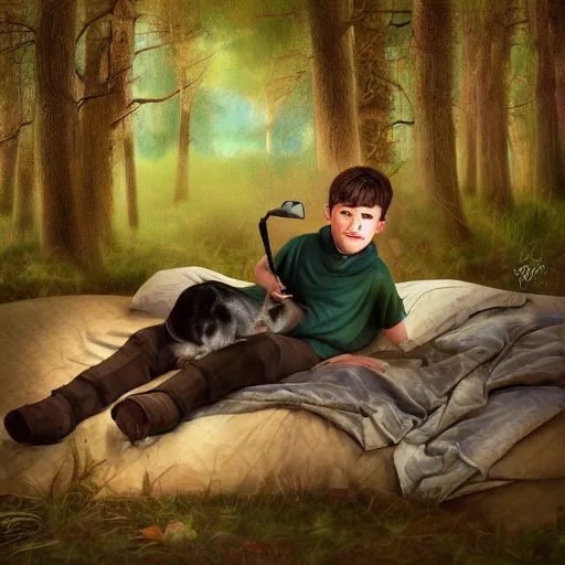 Image similar to a boy dreaming in bed, surrounded by a forest, with his trusty hunting dog and rifle, digital painting, photo - realism, sharp focus