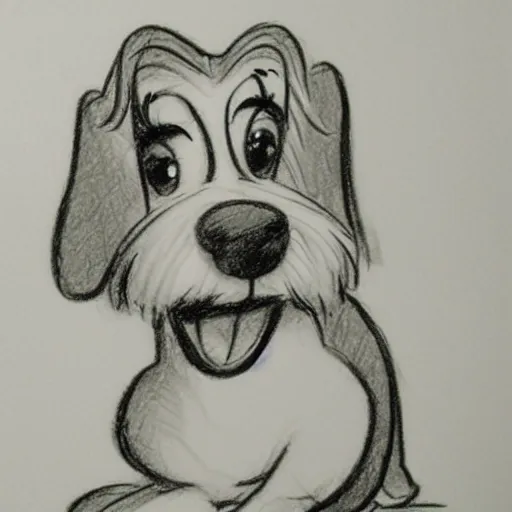 Image similar to milt kahl pencil sketch of happy mini schnauzer cartoon lady and the tramp style