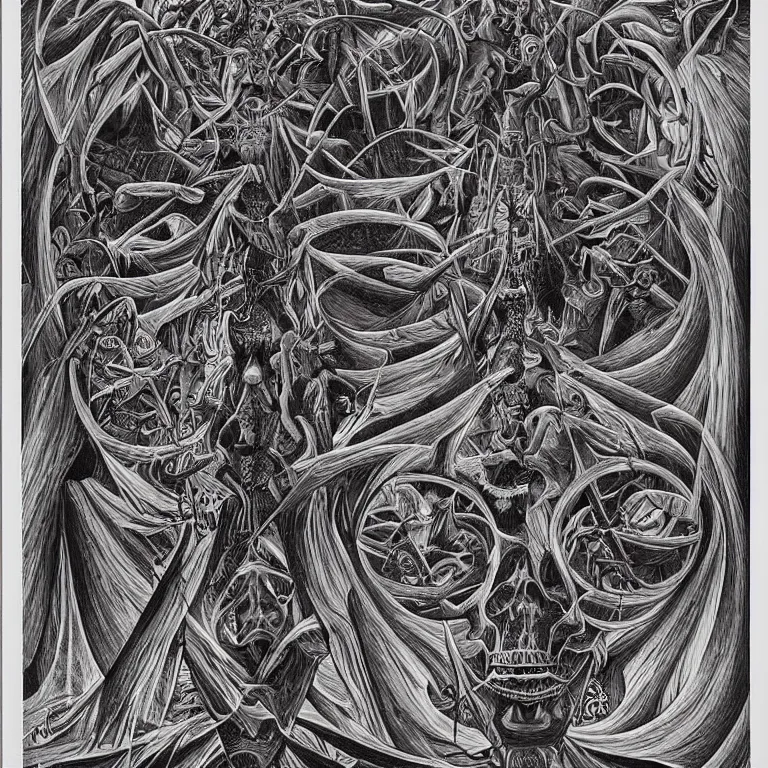 Image similar to meaning of death by Alex Grey and M. C. Escher collaboration