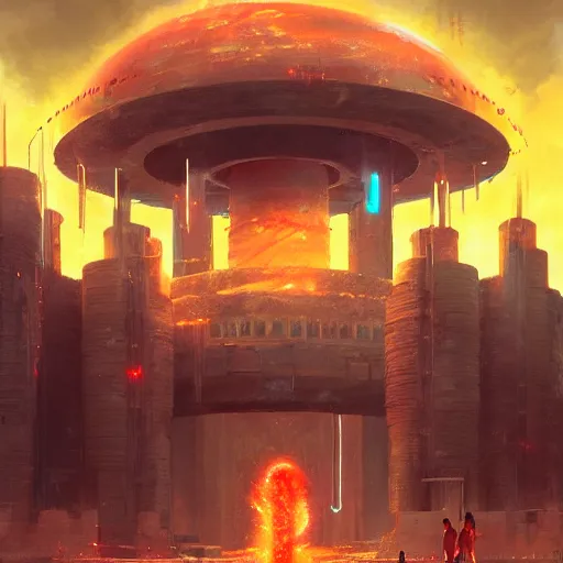 Image similar to an atomic nuclear fission temple by greg rutkowski and ross tran