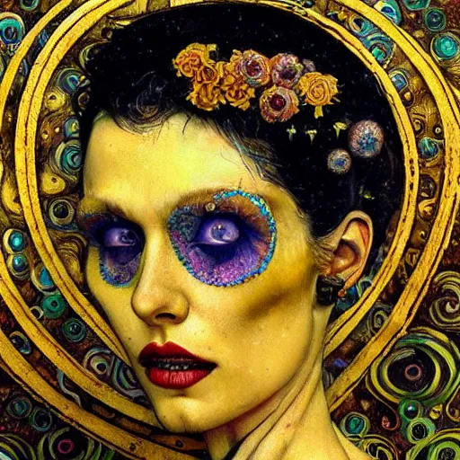 Image similar to Memento Mori by Karol Bak, Jean Deville, Gustav Klimt, and Vincent Van Gogh, beautiful visionary mystical portrait, calavera, otherworldly, fractal structures, ornate gilded medieval icon, third eye, spirals, calavera