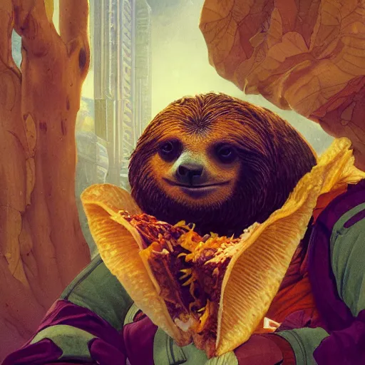 Image similar to detailed science - fiction character portrait of a sloth eating tacos, intricate, wild, highly detailed, digital painting, artstation, concept art, smooth, sharp focus, illustration, art by artgerm and greg rutkowski and alphonse mucha