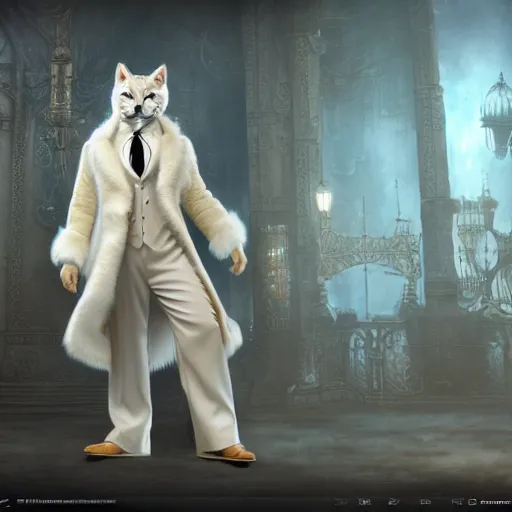 Prompt: white anthropomorphic lynx cat in victorian white man suit and white fur coat, full body by craig mullins and noriyoshi ohrai, unreal engine character, furry art, steampunk fantasy style, 4 k, trending on artstation