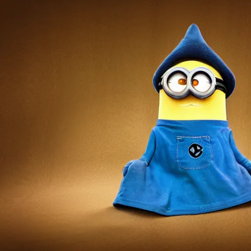 Prompt: handsome minion wearing a blue wizard robe and hat pondering a glowing orb