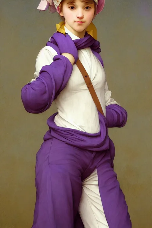 Image similar to Full View girl with short blond hair wearing an oversized purple Beret, Baggy Purple overall shorts, Short Puffy pants made of silk, silk shoes, a big billowy scarf, Golden Ribbon, and white leggings Covered in stars. Short Hair. masterpiece 4k digital illustration by Ruan Jia and Mandy Jurgens and Artgerm and william-adolphe bouguereau, award winning, Artstation, art nouveau aesthetic, Alphonse Mucha background, intricate details, realistic, panoramic view, Hyperdetailed, 8k resolution, intricate art nouveau