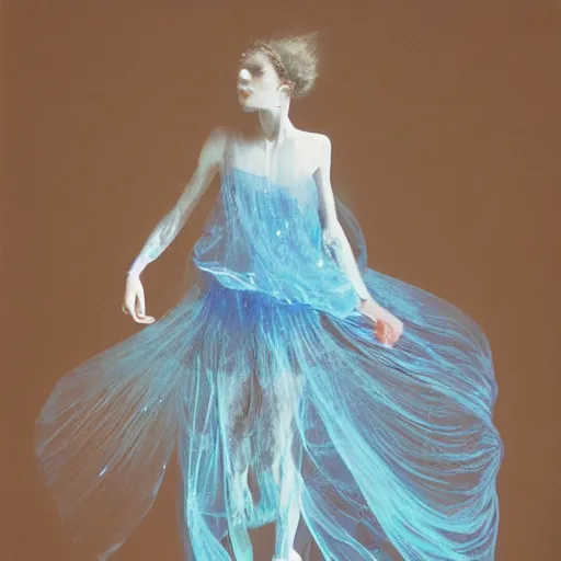 Image similar to Fashion photography of a woman wearing a dress inspired by a jellyfish, artistic photography, insanely detailed, chiaroscuro, cinestill 800t, Vogue magazine