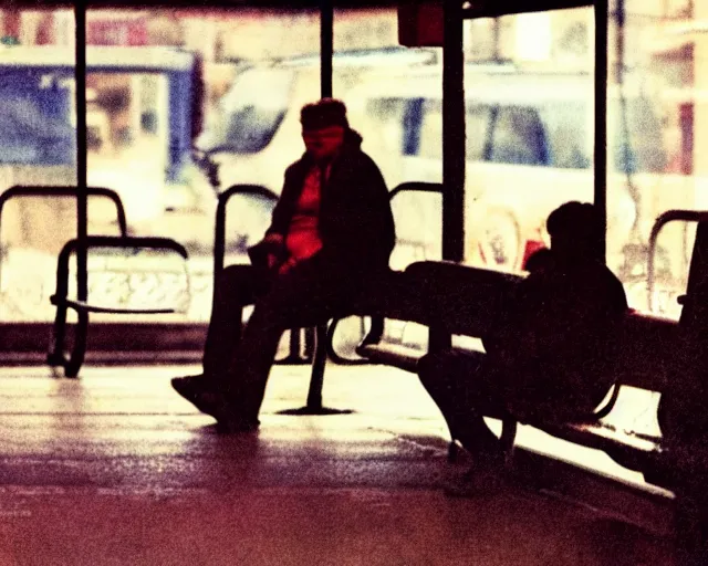 Image similar to a lomographic photo of russian lone man sitting in bus station at early evening in small town, cinestill, bokeh, out of focus