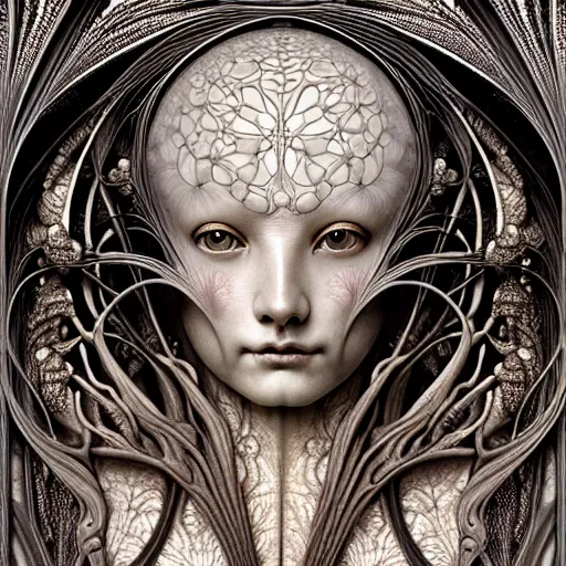 Image similar to detailed realistic porcelain beautiful organic calaveras goddess face portrait by jean delville, gustave dore, iris van herpen and marco mazzoni, art forms of nature by ernst haeckel, art nouveau, symbolist, visionary, gothic, neo - gothic, pre - raphaelite, fractal lace, intricate alien botanical biodiversity, surreality, hyperdetailed ultrasharp octane render