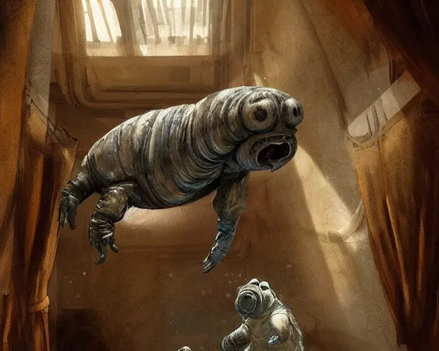 Image similar to a tardigrade!!! in a luxury hotel! suite room in the style of prehistoric! iceage, art by greg rutkowski and artgerma, stunning! concept art, interior! design