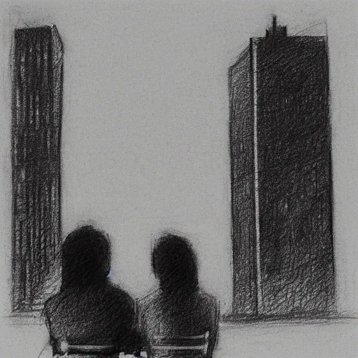 Image similar to a pencil sketch of 2 people sitting on the edge of a building looking away from the camera, tall rectangular buildings in the background, planes flying overhead