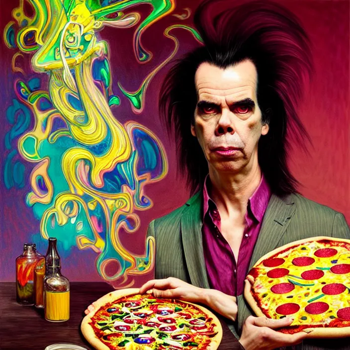 Image similar to bright psychedelic portrait of nick cave baking a pizza, diffuse lighting, fantasy, intricate, elegant, highly detailed, lifelike, photorealistic, digital painting, artstation, illustration, concept art, smooth, sharp focus, art by John Collier and Albert Aublet and Krenz Cushart and Artem Demura and Alphonse Mucha