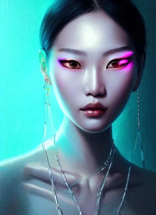 Image similar to portrait of chinese female humanoid, transparent acrylic jewelry accessories, elegant, cyber neon lights, highly detailed, digital illustration, trending in artstation, trending in pinterest, glamor pose, concept art, smooth, sharp focus, art by artgerm and greg rutkowski