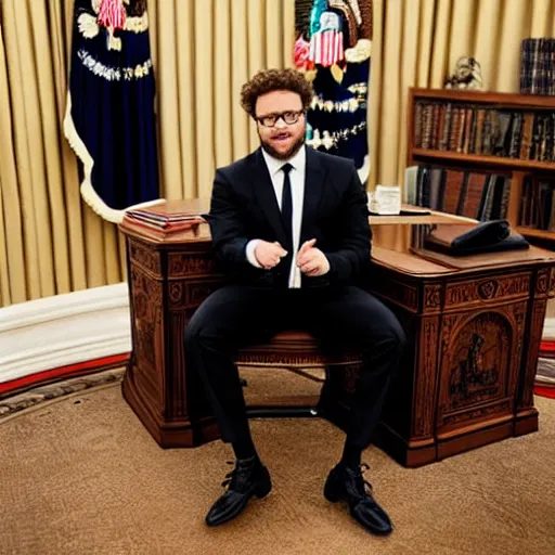 Prompt: seth rogen as president wearing suit and tie sitting in the oval office